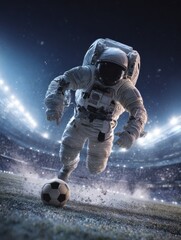Fototapeta premium A man in a spacesuit is kicking a soccer ball