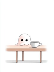 A small octopus hiding behind a teacup on a blank table, only two eyes peeking out, simple lines and a gentle tone, lots of white space