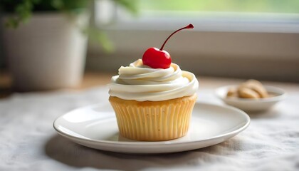 Elegant vanilla cupcake crowned with a vibrant red cherry for a classic dessert look

Neutral beige background enhances the cupcake’s delicate textures and colors

Ideal for use in bakery menus, patis