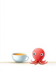 A small octopus hiding behind a teacup on a blank table, only two eyes peeking out, simple lines and a gentle tone, lots of white space