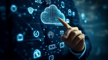 Businessman touching a futuristic virtual screen with cloud technology and internet of things icons, representing the digital world concept.