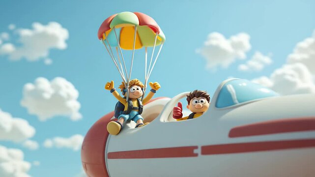 Animated Characters Parachuting from Airplane with Smiling Expressions in Bright Sky