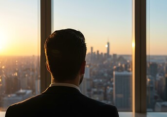 Businessman Looking at City Sunset