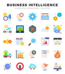 Collection of Business Intelligence 25 Flat Icons Pack.