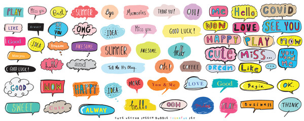 Cute vector speech bubble colorful set,Hand drawn set of speech bubbles with handwritten for book ,card, business, poster design. Vector illustration design for fashion fabrics, cute doodle