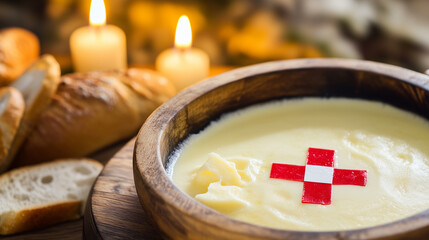 Rustic wooden platter with Swiss cheese fondue and bread, Swiss cross pin; celebrating Swiss National Day with alpine charm.