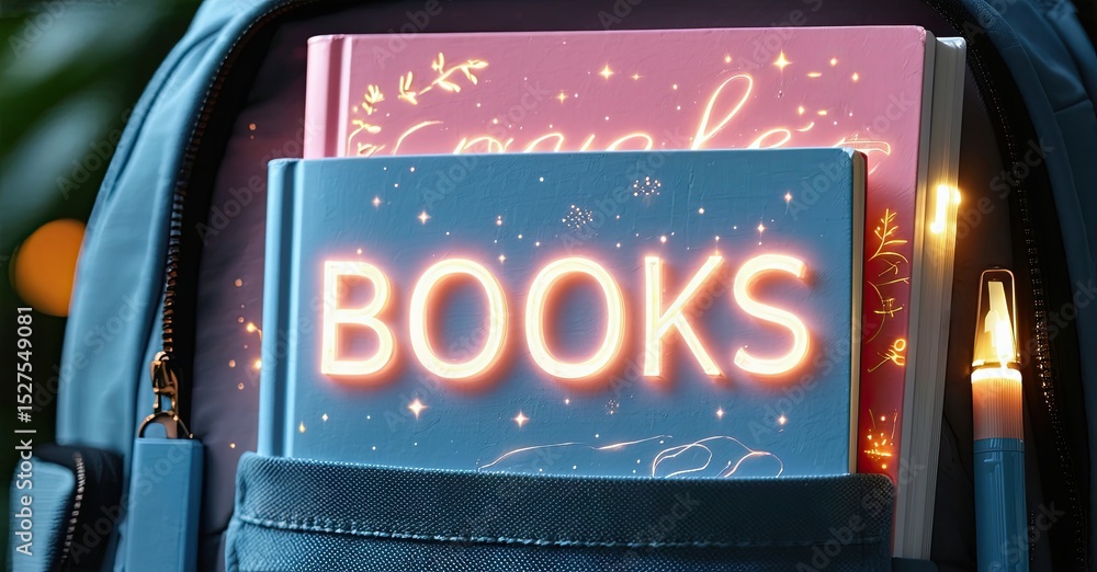 Poster backpack open, revealing glowing books. neon light illuminates reading material inside dark space. b