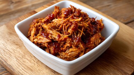 Shredded BBQ Chicken in a White Bowl on a Wooden Surface