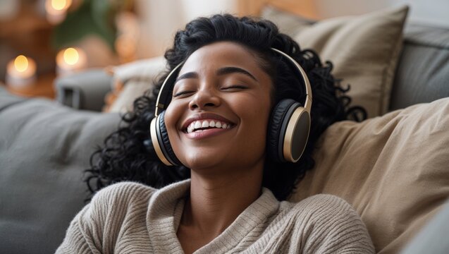 Happy woman listening to music on headphones while relaxing on the couch at home.
