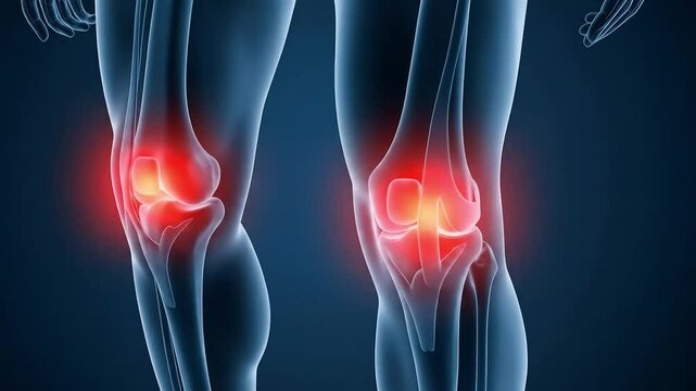 Anatomical rendering of human legs with highlighted knee joints indicating pain or inflammation.
