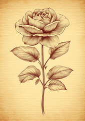 Hand drawn rose on old paper background. Vintage style. Vector illustration.