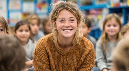 Fototapeta premium A woman with curly hair is smiling at a group of children