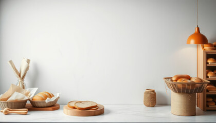 Baked Bread and Artisan Bakery Display with Warm Lighting in Minimalist Setting