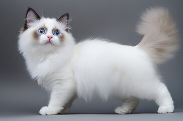 Fototapeta premium Cute Ragdoll kitten, white fur, blue eyes