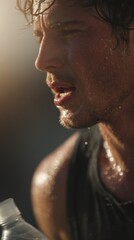 A man is drinking water from a bottle