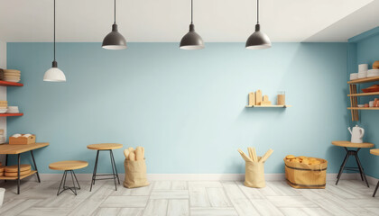 Bakery Interior with Light Blue Walls, Wooden Furniture, and Stylish Decor