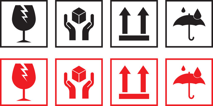 sticker fragile handle with care, red fragile warning label with broken glass symbol, this side up sign, keep dry and avoid liquid sign. packaging sign