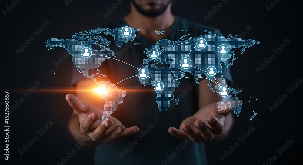 Poster man holding digital world map connected by people icons representing global networking