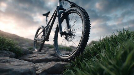 Obraz premium A mountain bike with a black tire is parked on a rocky path