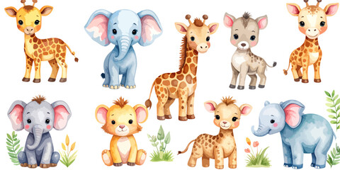Fototapeta premium Funny cartoon wild safari animals collection with cute baby giraffe, lion, elephant, and zebra vector illustration