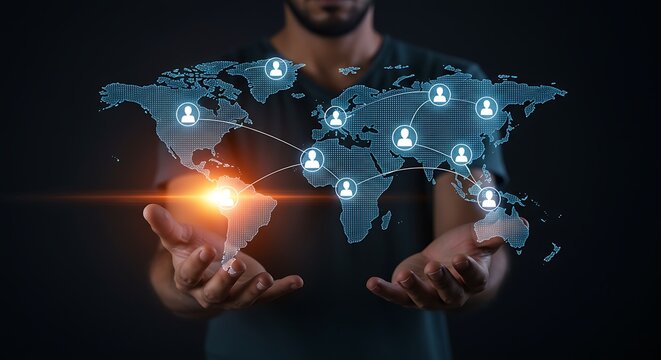 Man holding digital world map connected by people icons representing global networking