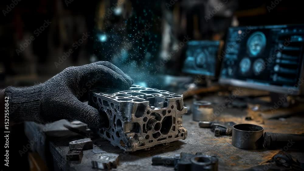 Poster mechanic wearing gloves examines cylinder head with holographic futuristic interface displayed on a 