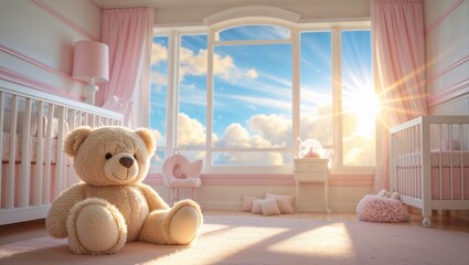 Charming baby nursery with a large teddy bear and beautiful sunlight.