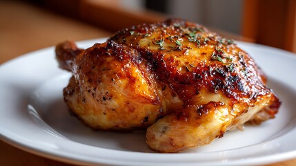 Roasted Chicken with Crispy Skin and Herbs on a White Plate