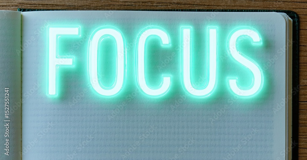 Poster open notebook displays glowing word focus. bright teal illumination contrasts dark background. simpl