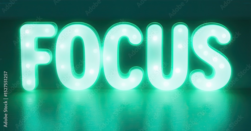 Aufkleber Bright turquoise word focus displayed using illuminated marquee lights. Dark background creates strong contrast, emphasizing message.