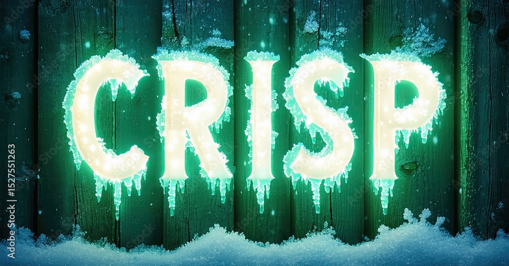 Poster frozen text spells crisp against rustic wood backdrop. snow accumulates below lettering, creating wi