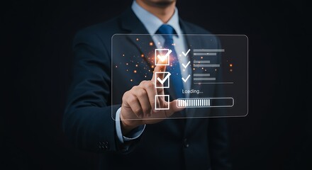 Businessman interacting with digital interface showing checklist and progress bar
