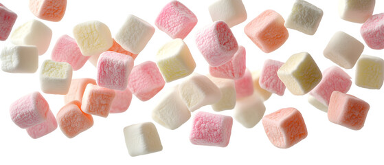 Delicious pastel marshmallows floating on a black background for a sweet treat concept