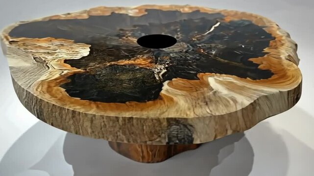A unique petrified wood table with a natural edge and dark center. The table showcases intricate patterns and textures, highlighting its organic beauty. Generative 4k video.