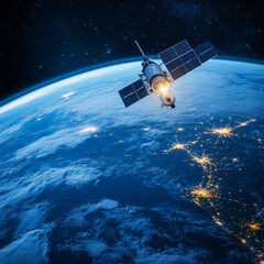 Obraz premium Space technology touch satellite communication and exploration structure global network. Innovative advancements in propulsion systems and satellite design enhance the exchange of real-time data.