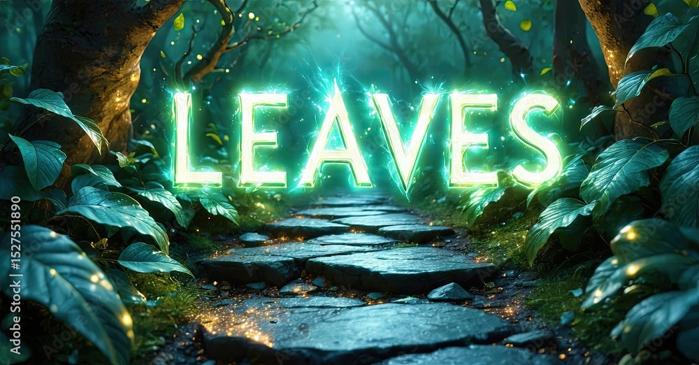 Poster luminous path winds through lush forest. glowing text leaves illuminates stone walkway. foliage surr