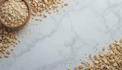 Oats and Oatmeal on a Textured Marble Surface with Natural Light for Healthy Eating and Cooking Concepts