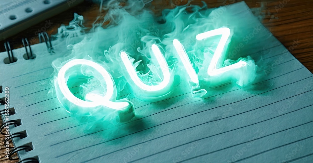 Poster bright neon quiz sign rests upon open notebook. smoke emanates from glowing letters, creating dramat