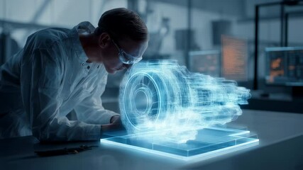 Automotive engineer analyzing car engine holographic projection on transparent digital screen in high tech laboratory, representing cutting edge automotive design innovation - Powered by Adobe