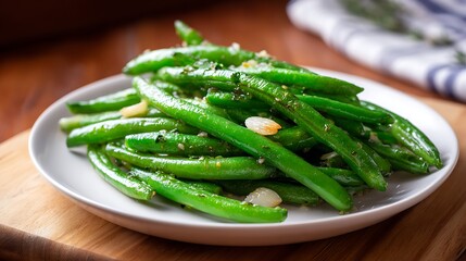 Garlic-Saut�ed Green Beans on a White Plate