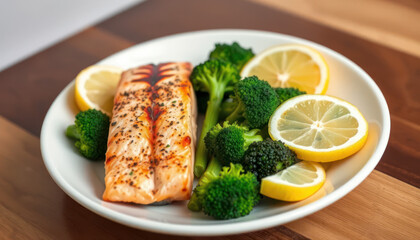 Grilled Salmon with Broccoli and Lemon Slices on a White Plate for Healthy Dining Experience and Nutritional Meal Preparation