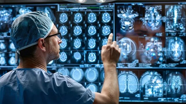 Neurosurgeon Analyzing Brain Scans: A neurosurgeon in scrubs intently studies brain scans, the cool light reflecting in his glasses as he assesses complex medical images.