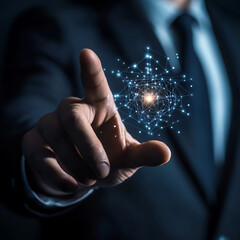 Businessman hand touches a shield, quantum computing enhances security protocols. The concept represents safeguarding data privacy, intellectual property protection, and cybersecurity infrastructure.