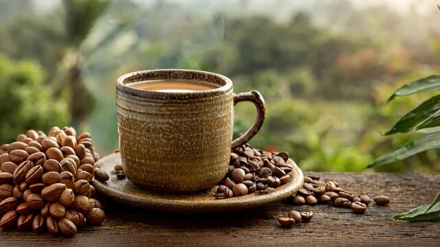 Morning Coffee Bliss: A rustic mug brimming with freshly brewed coffee sits on a wooden surface, surrounded by scattered coffee beans. The steam rises gently.