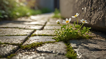 Ultra-detailed close-up of a small white wildflower with yellow center blooming between the cracks of an old concrete pavement.Photorealistic texture with soft natural lighting.