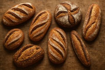 Freshly baked breads and rolls displayed on a rustic wooden table.