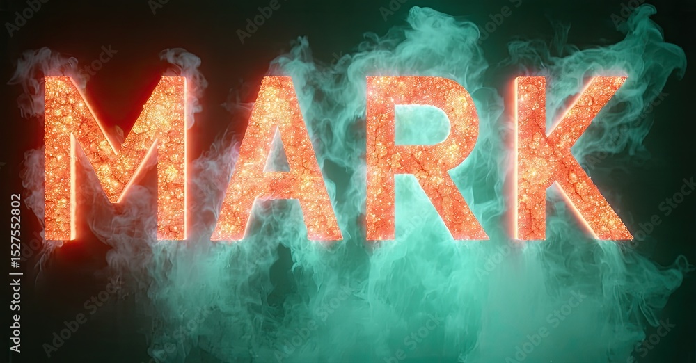 Poster fiery text spelling mark emerges from teal smoke. dramatic lighting creates intense visual impact. b