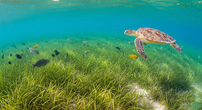 a vibrant seagrass meadow in clear shallow tropical waters