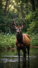 Obraz premium Deer in the woods, deer in the forest, a deer in the forest, deer on nature scene background with copyspace backdrop portrait and deer with antlers standing in shallow water looking towards camera.