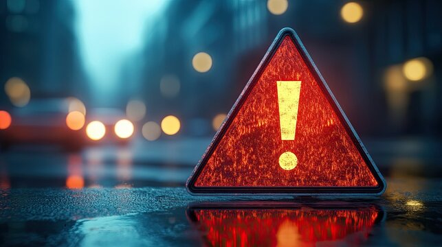 Red triangular warning sign with an exclamation mark, symbolizing hazard caution in 3D illustration.